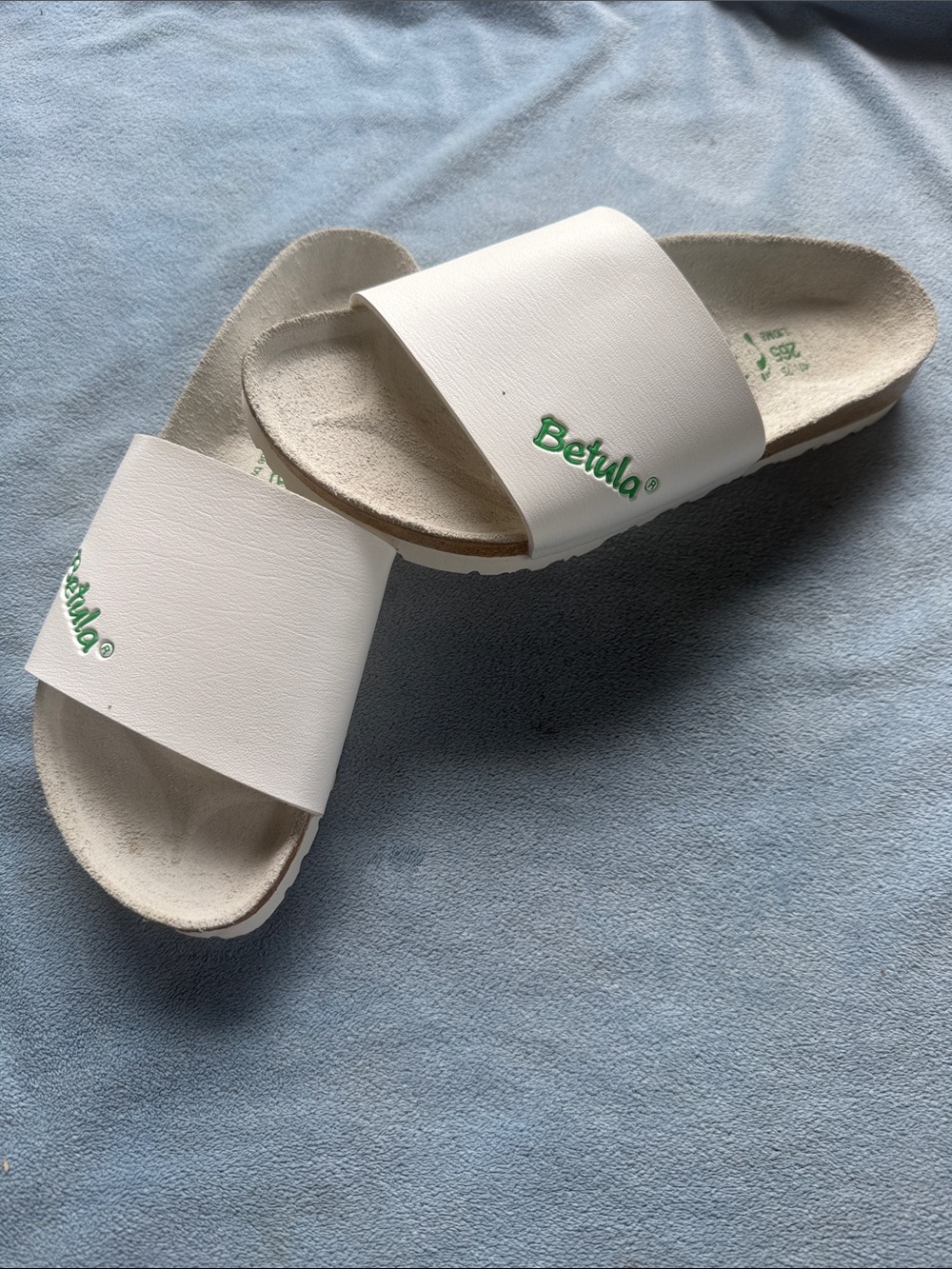 Birkenstock White Slide Sandals with Green Logo